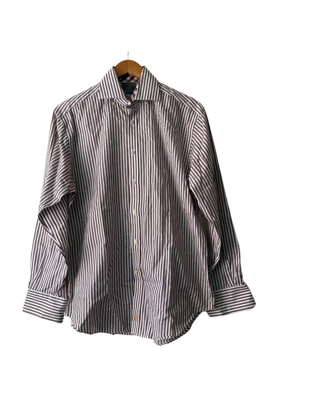 Thomas Dean Mens White & Brown Dual Strip Long Sleeve Button Shirt - Size M